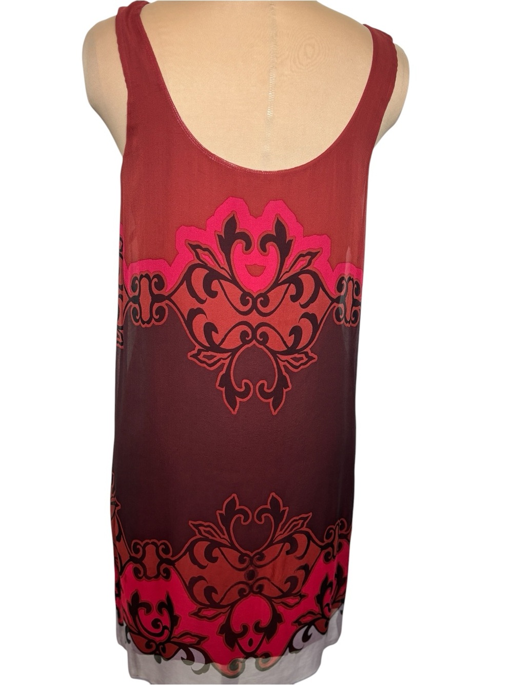 Bailey 44 Silk Overlay Abstract Scroll Print Dress Pink Burgundy Black Size M